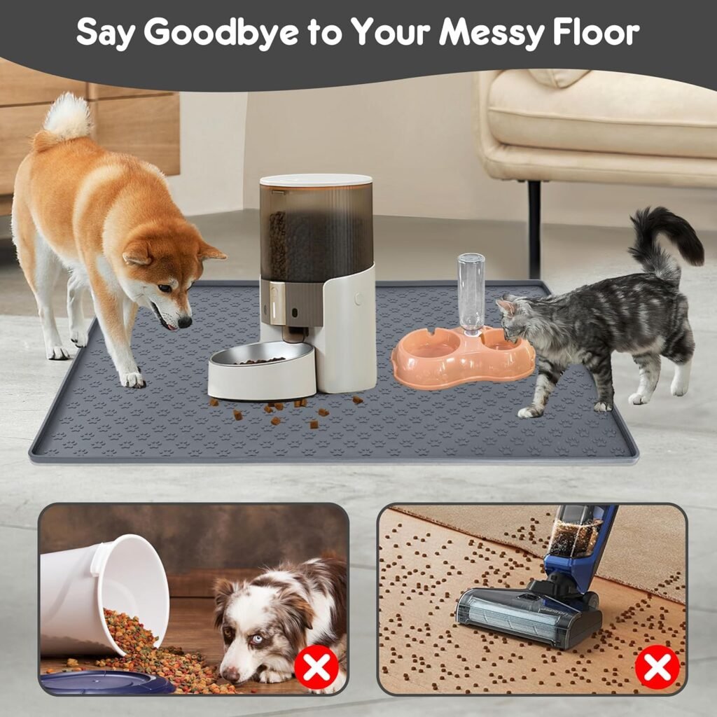 Dog Cat Food Mat Dog Feeding Mat for Food and Water 23.6 *15.7 Silicone Dog Dish Mats for Floors Waterproof Slip Pet Food Mat with Raised Edges to Prevent Messes on Floor