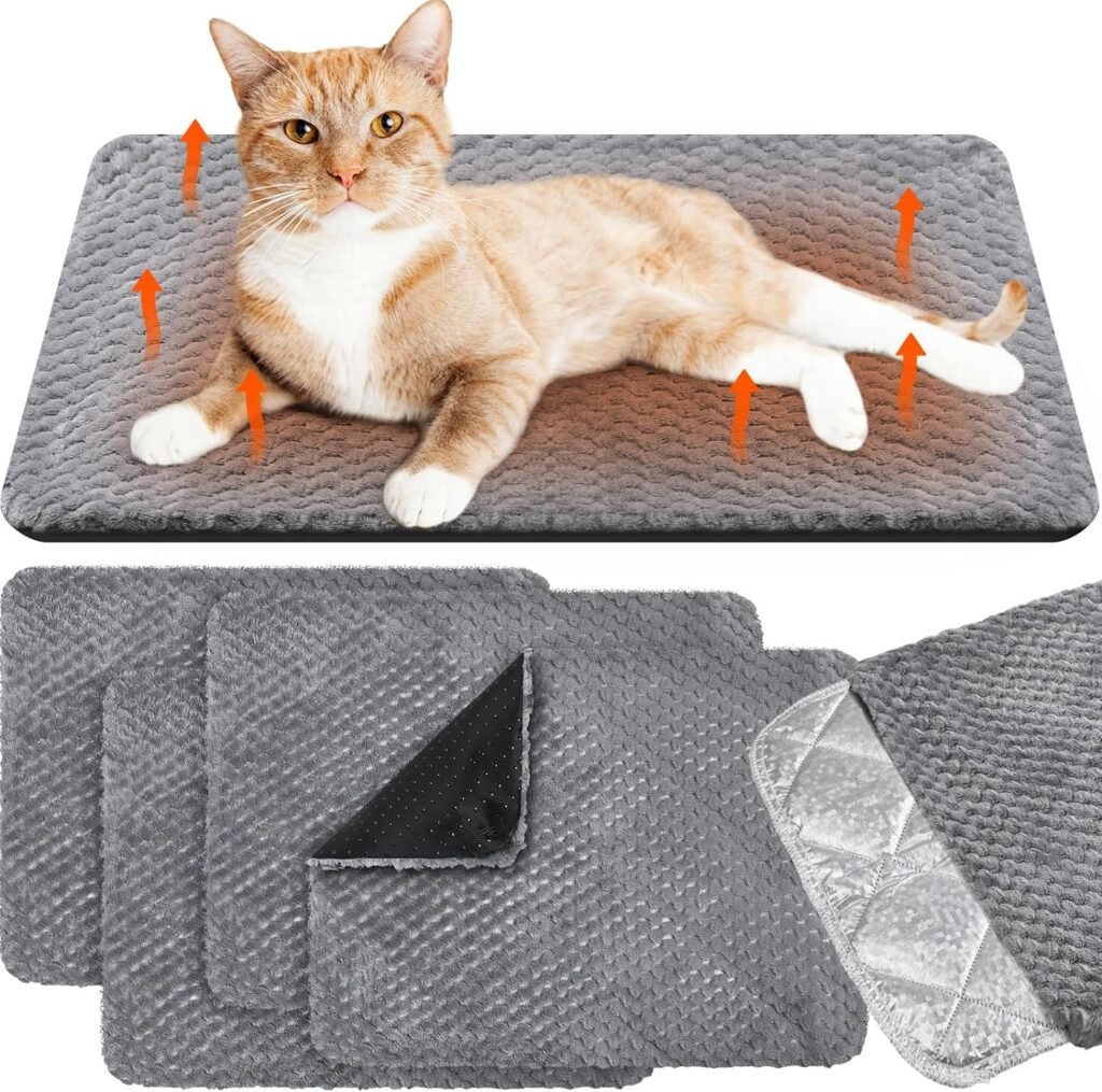Drydiet 4 Pcs Self Warming Cat Bed 16 x 20 Inch Self Heating Dog Cat Pad Non Slip Thermal Pet Mat Washable Pet Kennel Pad Crate Bed Mat Removable Cover Cat Blanket for Indoor Outdoor Pets