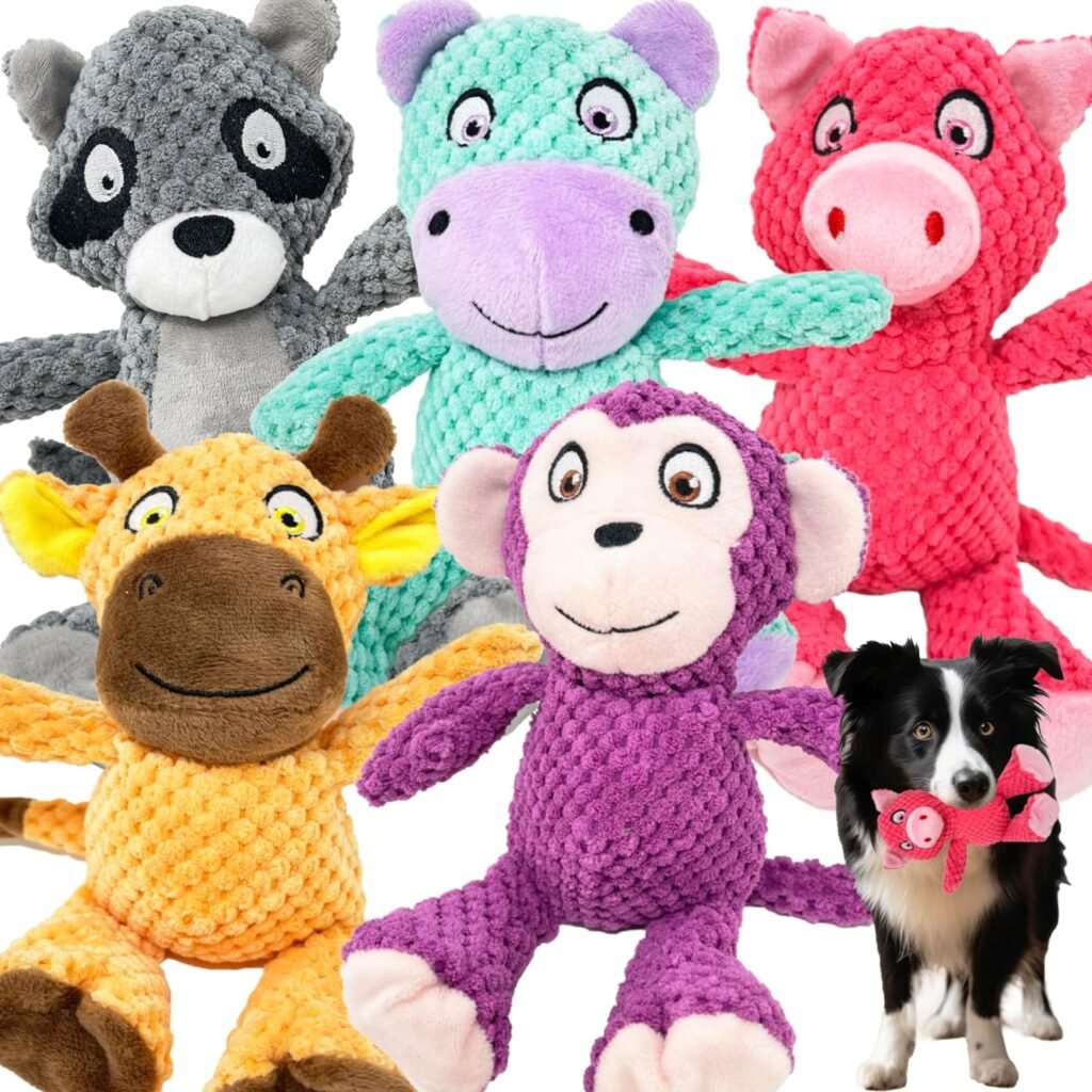 Jalousie 5 Pack Squeaky Plush Toys Assortment Value Bundle Puppy Pet Mutt Squeak Toy for Medium Large Dogs