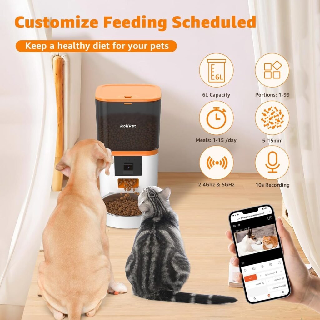 Roilpet Automatic Dog Feeder with Adjustable Camera, 5G WiFi 6L Smart Cat Food Dispenser, 1080P HD Video with Night Vision, Pet Feeder with 2-Way Audio for Cats  Dogs, Food Blockage  Motion Alerts