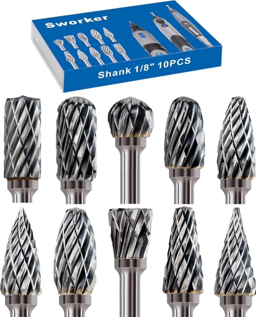 Sworker Carbide Burr Set 1/4 Shank 10PCS w/ Wood Base Die Grinder Bits Rotary Rasp File for Metal Welds Concrete Stone Wood Plastic Carving Cutting Cleaning Grinding Engraving Porting Polishing