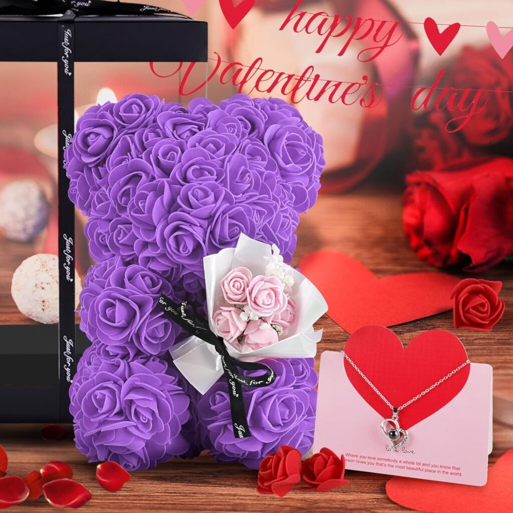 TranquilBliss Rose Bear with Box - Artificial Flowers Rose Teddy Bear with Box, Greeting Card, Necklace - Cute  Romantic Valentine’s Day Gifts for Her, Women, Girlfriend, Wife (Red)