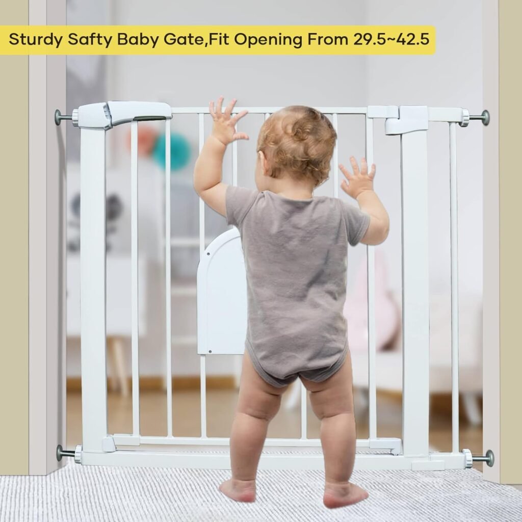 Baby Gate with Cat Door，42.5-29.5 Auto Close Safty Dog Gate with Cat Door- Pressure Mounted Baby Gate for Doorway Stairs (Fits 29.5-42.5 Width)