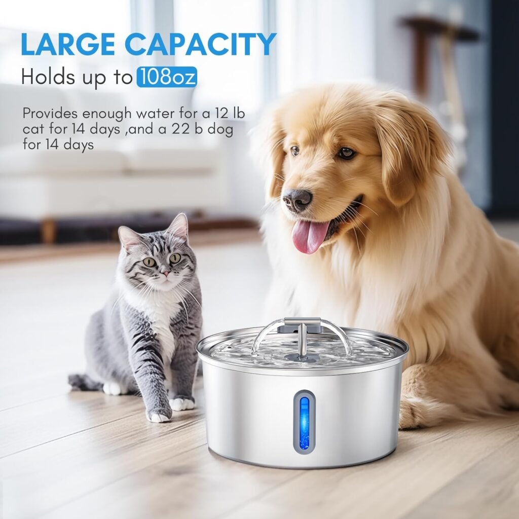 Cat Water Fountain, GPOSY 108oz/3.2L Cat Fountain, Automatic Dog Water Dispenser with LED Light and Circulating Filtration System for Cats, Dogs, Multiple Pets