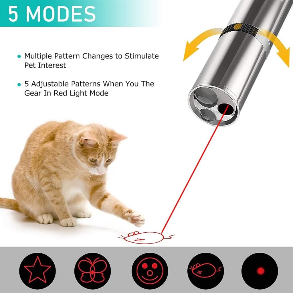 Cowjag Cat Toys, Laser Pointer with 5 Adjustable Patterns, USB Recharge Laser, Long Range and 3 Modes Training Chaser Interactive Toy, Dog Laser Toy