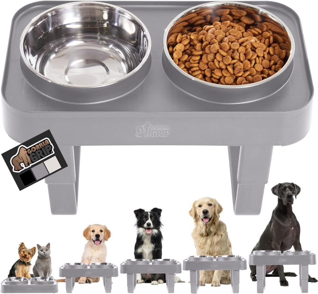 Gorilla Grip Elevated Dog Bowls Feeder, Adjustable Ergonomic Food and Water Raised Stand, Stainless Steel Rust Resistant Dishwasher Safe, Comfortable Non Slip for Dogs and Cat, Feeding Supplies Gray