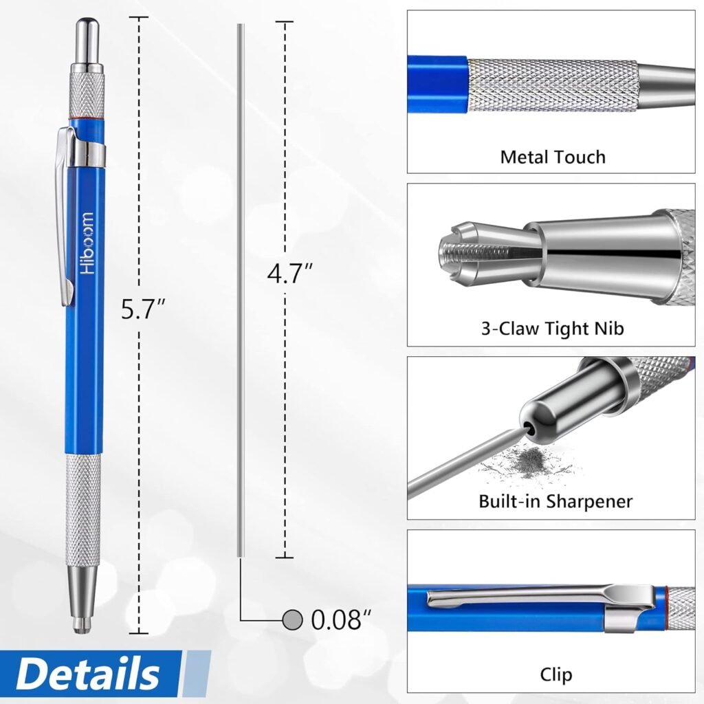 Hiboom Welders Pencil with 12 Pcs Silver Round Refills, Mechanical Pencils Metal Marker with Built-in Sharpener for Pipe Fitter Welder Steel Construction Fabrication Woodworking