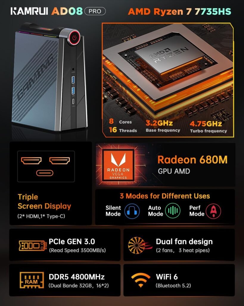 KAMRUI Mini Gaming PC, AMD Ryzen 7 5700U(up to 4.3Ghz) 16GB RAM 512GB NVME SSD, Mini Computer Small Gaming Desktop PC AMR5 3 Mode PERF Switch, RGB Light, Upgrade Capacity, 4K UHD, Type-C, WiFi6/BT5.2