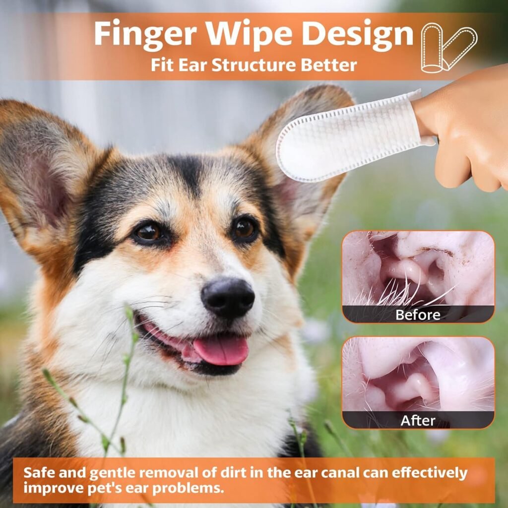 OBSEDE Ear Cleaner Finger Wipes, Grooming Kit Care for Dogs and Cats Regular Soothing Odor Control Reduce Dirt Wax Build Up Pet Supplies Easy to Use Fresh Coconut Scent, 60 Count