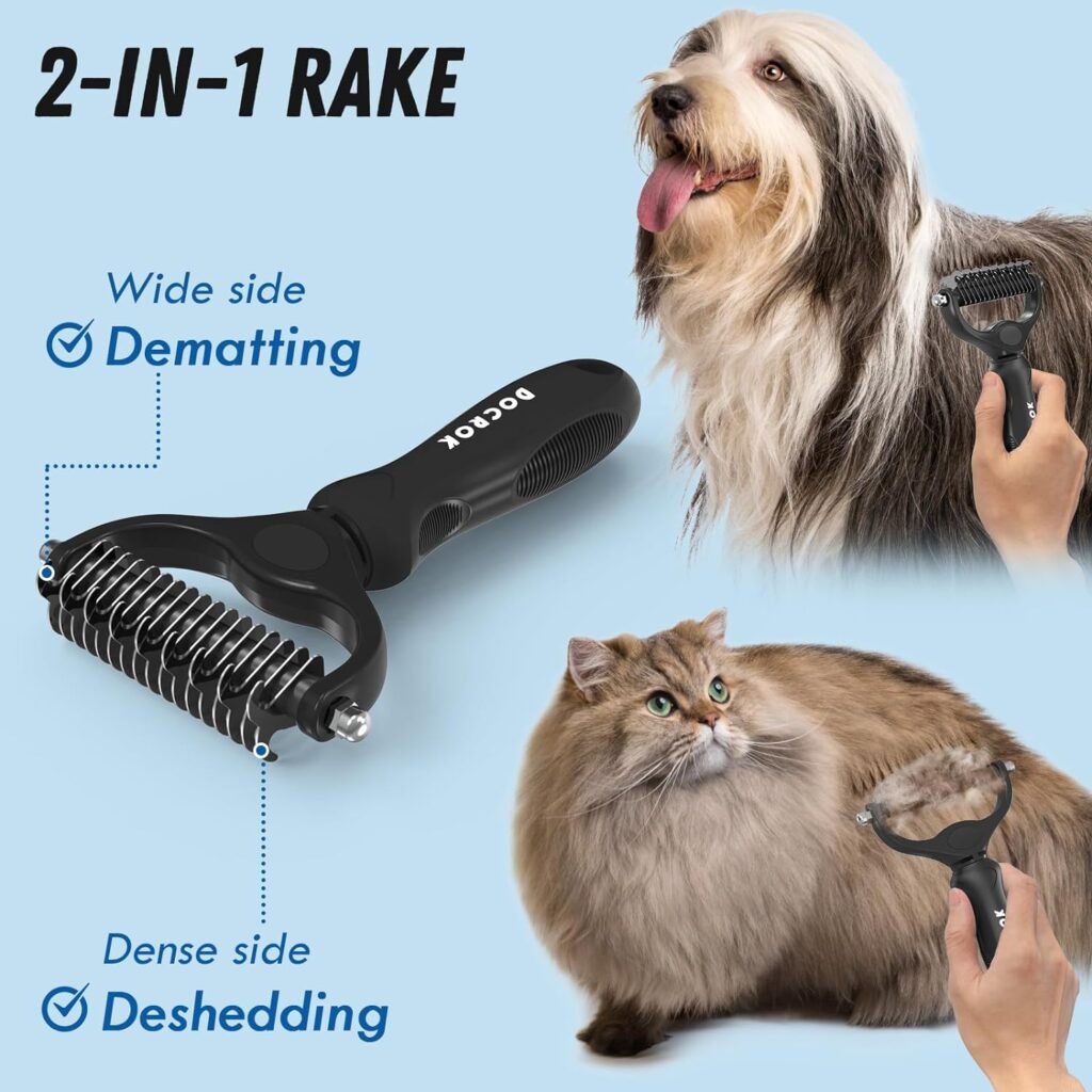 Pet Grooming Brush and Metal Comb Combo, Cat Brush Dog Brush for Shedding, Undercoat Rake for Dogs Grooming Supplies, Dematting Deshedding Brush Dogs Shedding Tool for Long matted Haired Pets, Blue