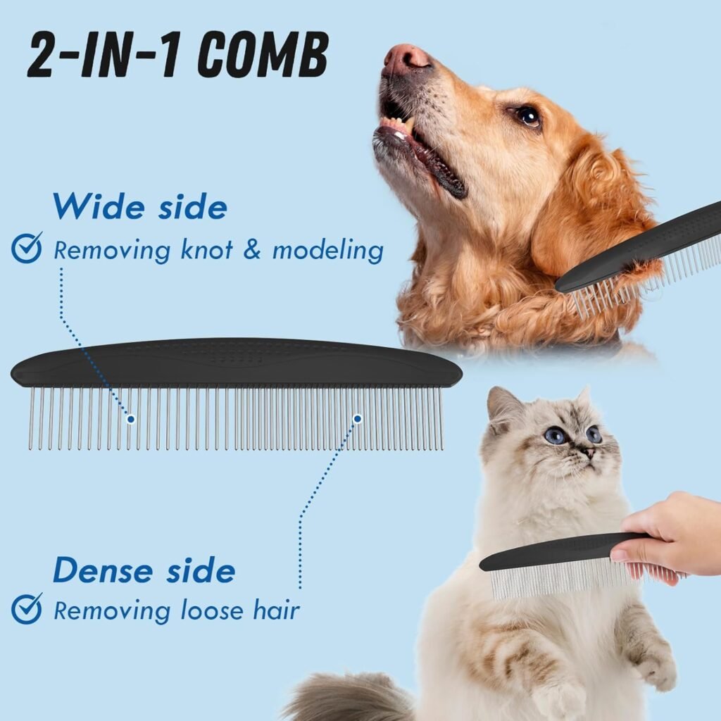 Pet Grooming Brush and Metal Comb Combo, Cat Brush Dog Brush for Shedding, Undercoat Rake for Dogs Grooming Supplies, Dematting Deshedding Brush Dogs Shedding Tool for Long matted Haired Pets, Blue