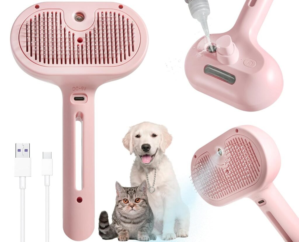 Spray Cat Brush for Shedding - Pet Hair Removal Comb with Water Tank and Release Button, Cat/Dog Steam Brush, Cat Bath Brush, Pet Steam Brush, Cat Brush with Water - Pet Spray Hair Comb (PINK)