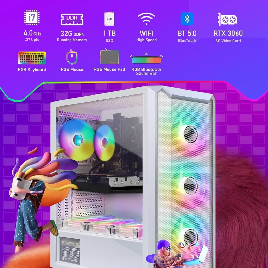 STGAubron Gaming Desktop PC, Intel Core i7-6700 up to 4.0G, 32G DDR4, 1T SSD, GeForce RTX 3060 Ti 8G GDDR6, 600M WiFi, BT 5.0, RGB Fan x 7, RGB Keyboard  Mouse  Mouse Pad, RGB BT Sound Bar, W10H64