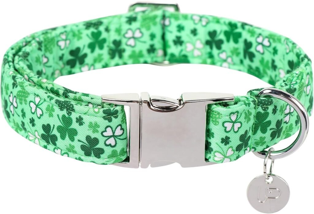 UP URARA PUP St. Patricks Day Dog Collar, Cotton St. Patricks Day Clover Collar for Puppy Girl Boy Dog or Cat, Lucky Shamrock Dog Collar with Metal Buckle, Green, Spring, S, Neck 10-16in