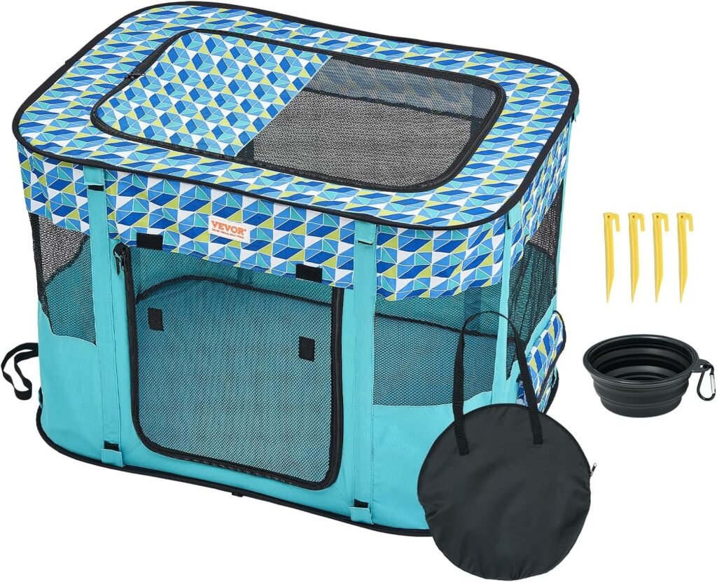VEVOR Foldable Portable Pet Playpen, 32x24x22 in Dog Cat Pen + Free Carrying Case + Bowl, Indoor/Outdoor Dogs Crates Kennel for Puppies with Premium Waterproof 600D Oxford Cloth, Removable Zipper Top
