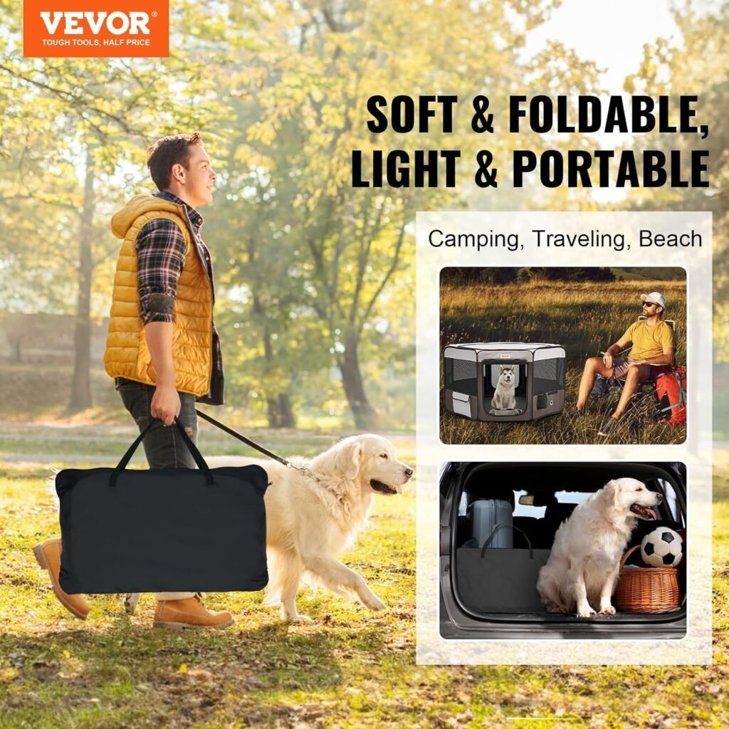 VEVOR Foldable Portable Pet Playpen, 32x24x22 in Dog Cat Pen + Free Carrying Case + Bowl, Indoor/Outdoor Dogs Crates Kennel for Puppies with Premium Waterproof 600D Oxford Cloth, Removable Zipper Top