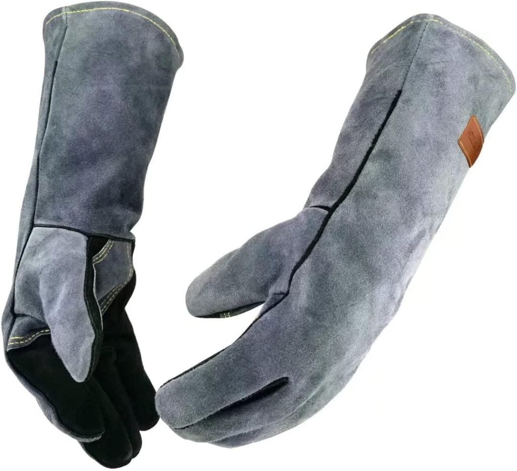 WZQH 16 Inches,932℉,Leather Forge Welding Gloves, Heat/Fire Resistant,Mitts for BBQ,Oven,Grill,Fireplace,Tig,Mig,Baking,Furnace,Stove,Pot Holder,Animal Handling Glove.Black-gray